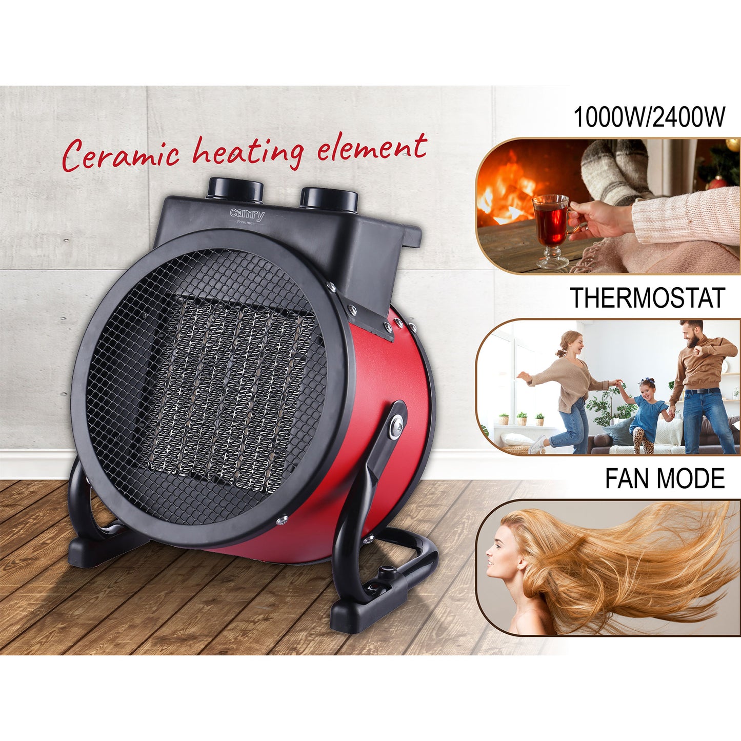 Calefactor Cerámico Termoventilador Portátil, 2 Niveles Potencia Termostato Automático, Moderno Camry Cr7743, Negro/rojo_5