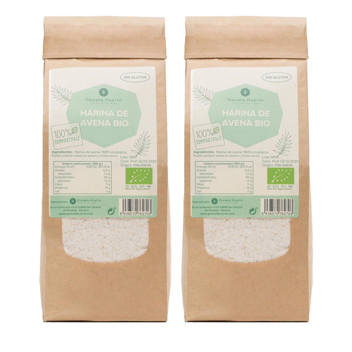 Pack de 2 Farinhas de Aveia sem Glúten da Planeta Huerto