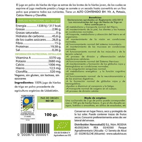 Sumo de erva de trigo biológico em pó 100g, Salud Viva