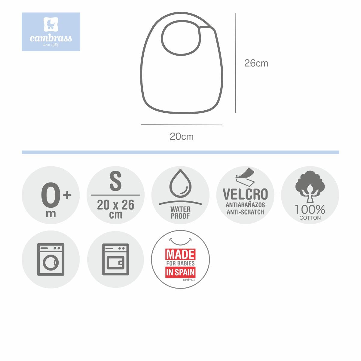 Babete quadrado com velcro, azul claro, 20x26 cm. Rosa