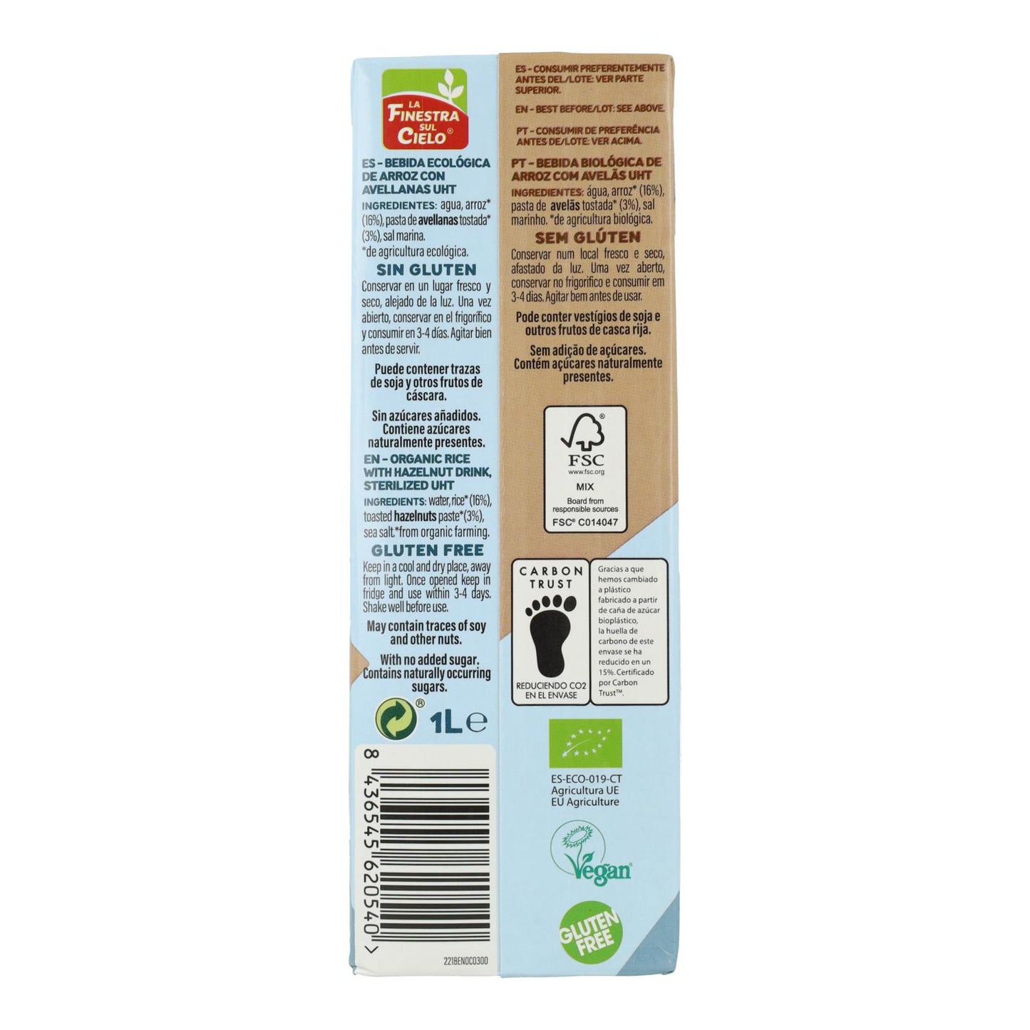 Bebida Biológica de Arroz com Avelã La Finestra Sul Cielo 1 L