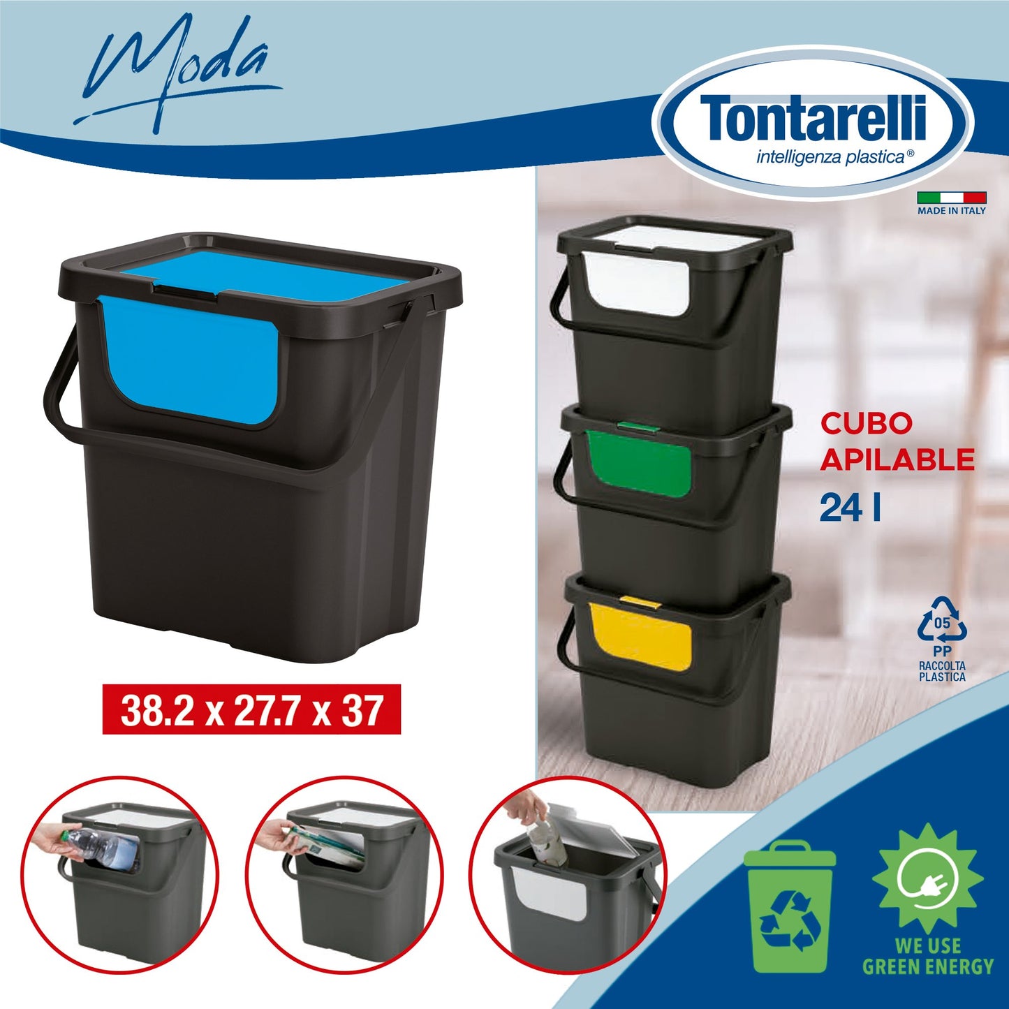 Papelera moda Doble 24l Con Asa Negro/zafiro_1