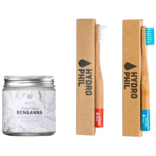 Pacote para crianças Escova de dentes azul e vermelha + pasta de dentes Ben&Anna