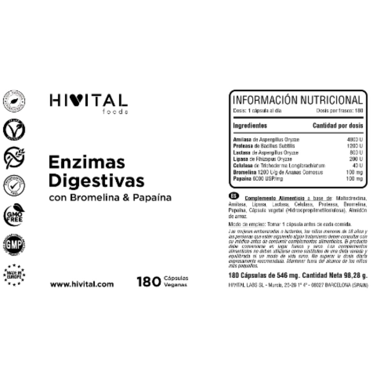 Enzimas digestivas 180 cápsulas vegan Hivital