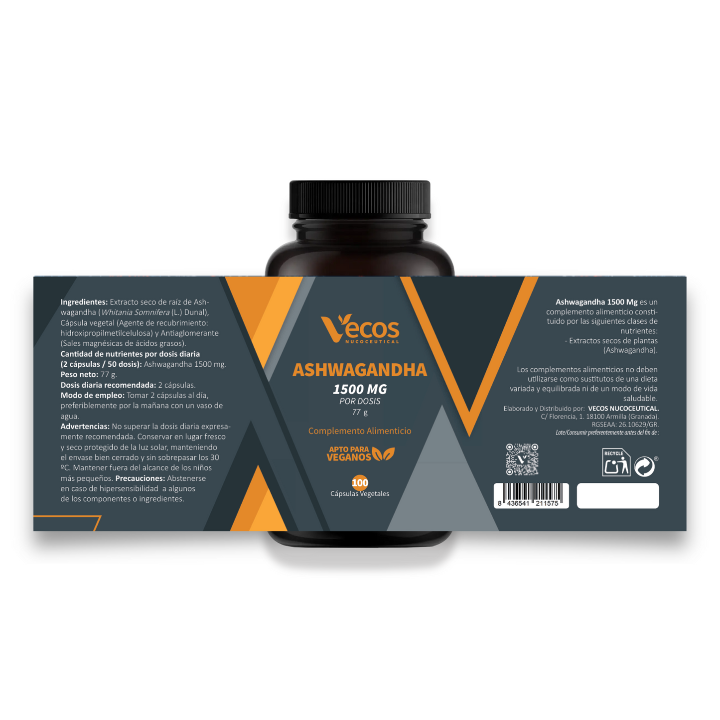 Ashwagandha 1500 mg VECOS (100 cápsulas) | Estrés y equilibrio emocional | Cápsulas vegetales | Ayuda a descansar mejor_4