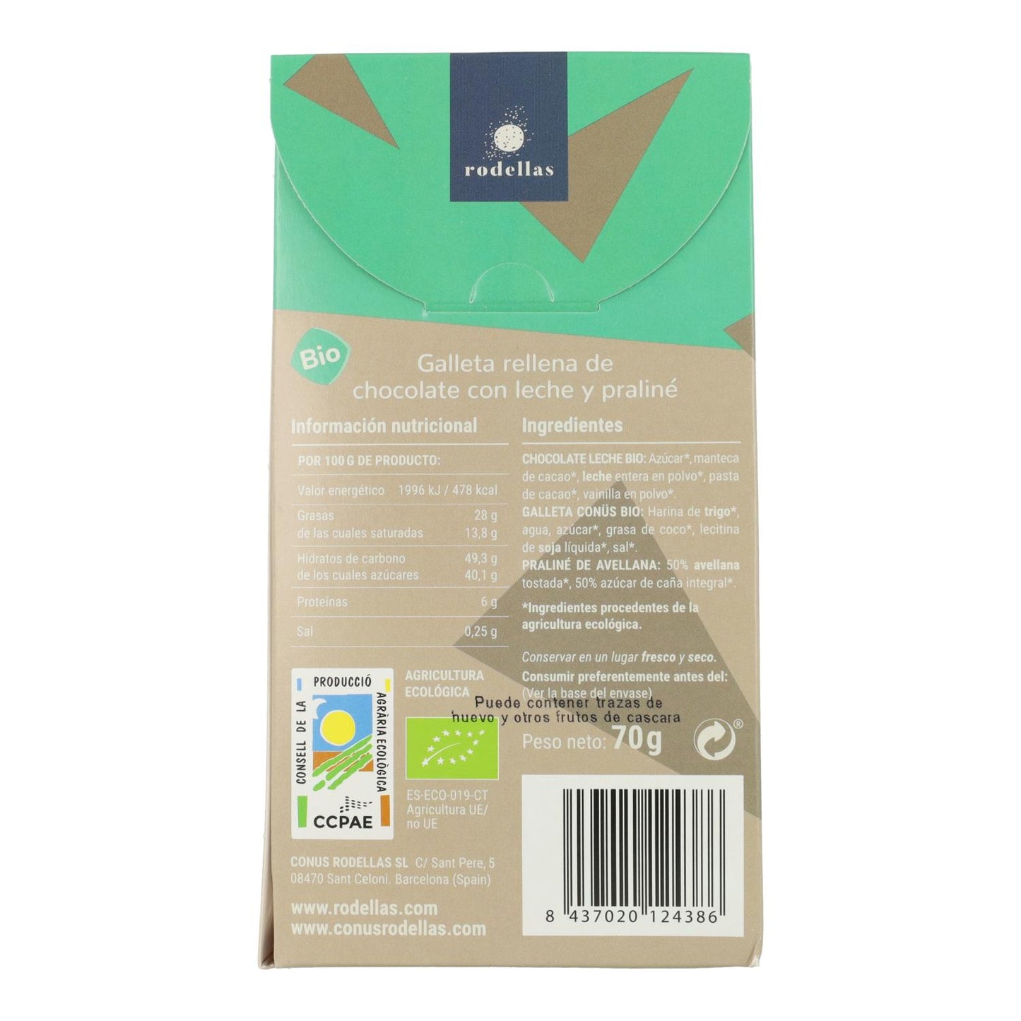 Rodellas Chocolate de Leite Biológico e Cones de Praliné 70 g