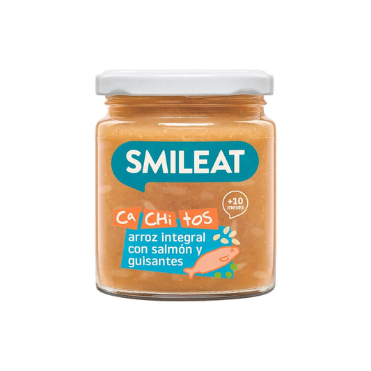 Pote de arroz biológico Smileat com salmão e ervilhas, 230g