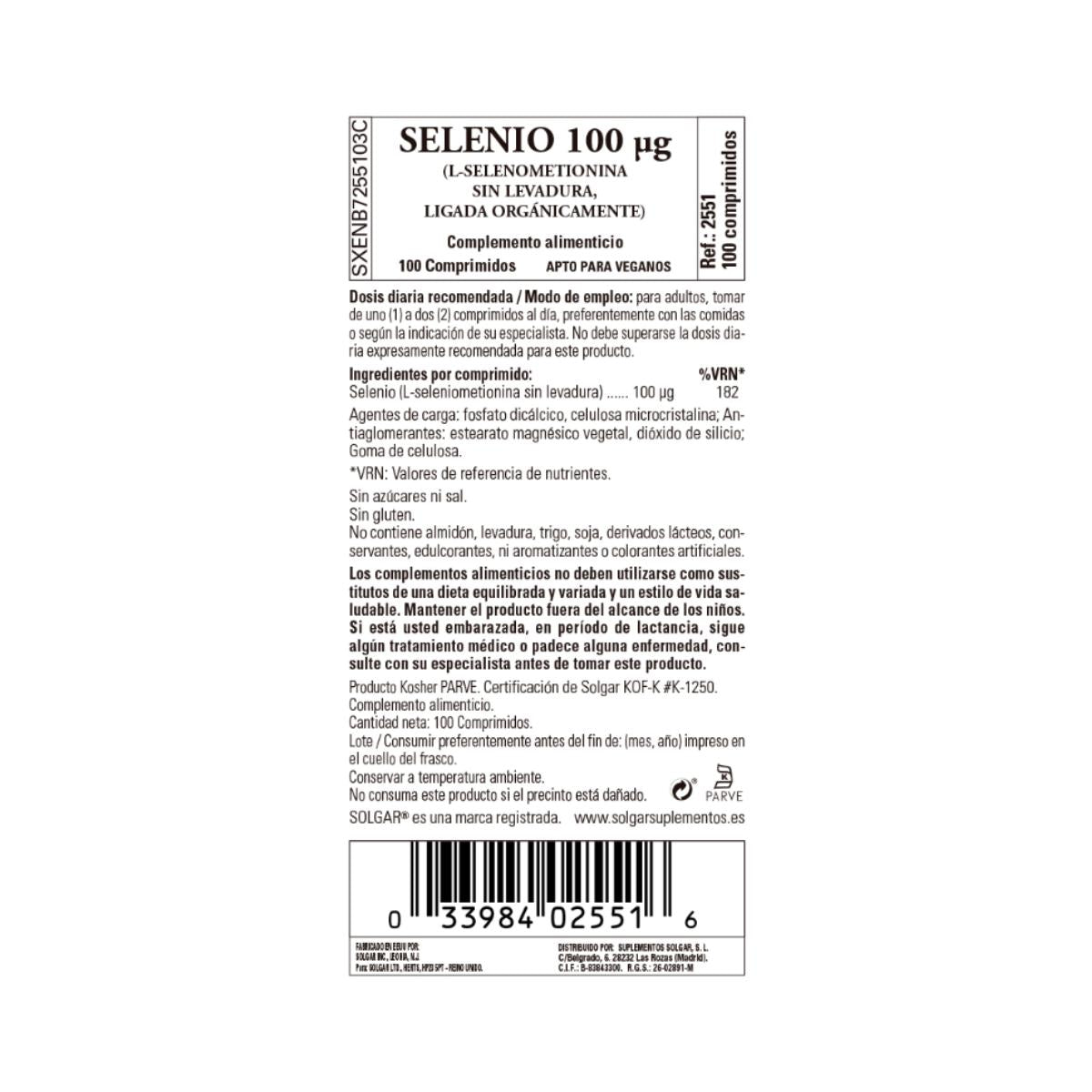Selénio (sem fermento) 100 comprimidos de 100 mg Solgar