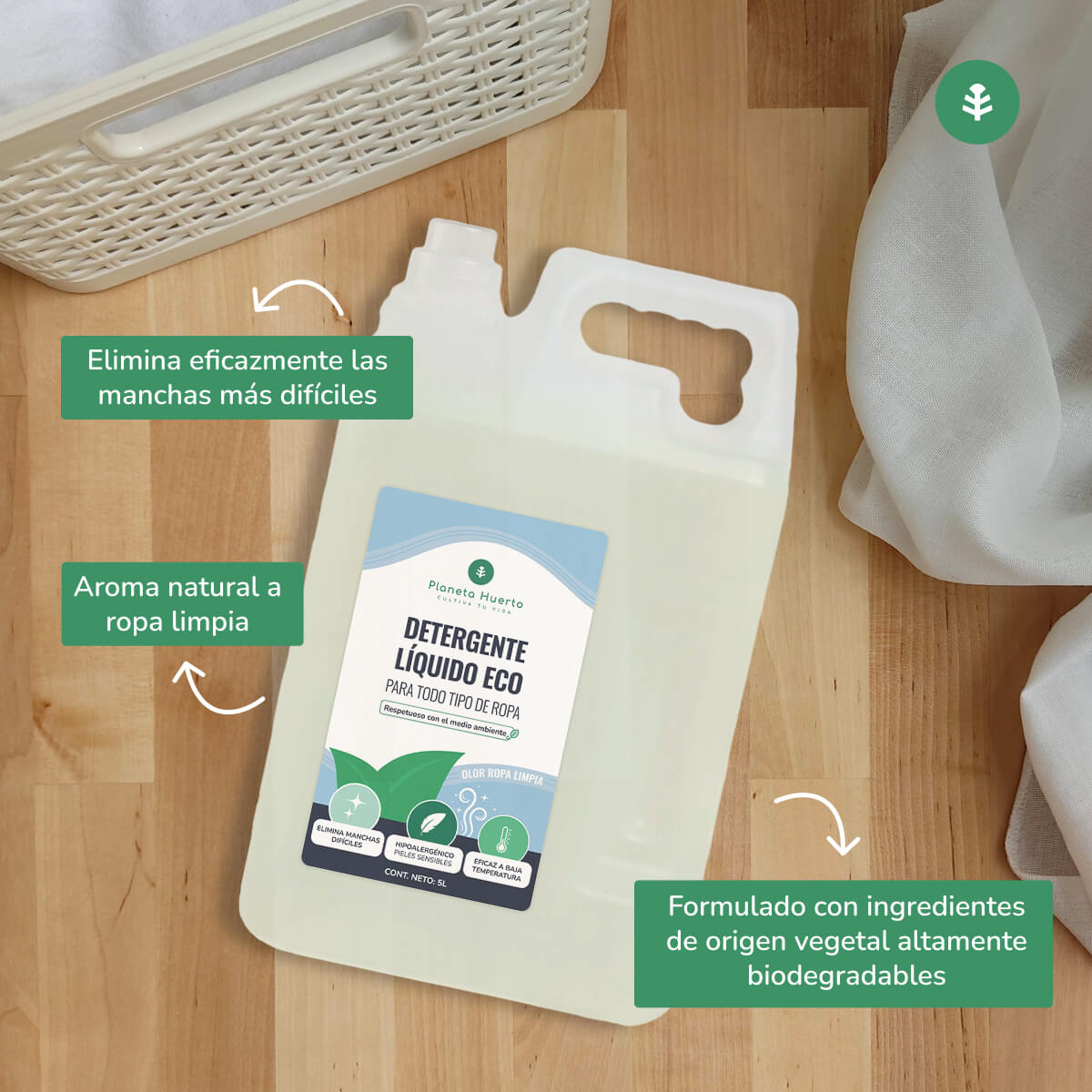 Detergente líquido para roupa Planeta Huerto Eco com aroma natural de roupa lavada, 5 litros