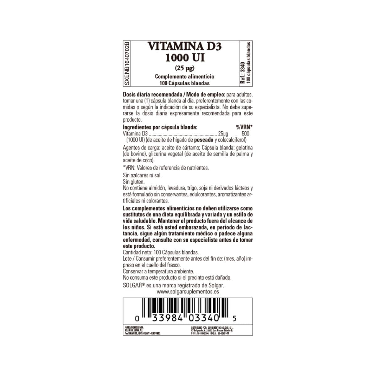 Vitamina D3 1000 UI, 100 pérolas de 25μg