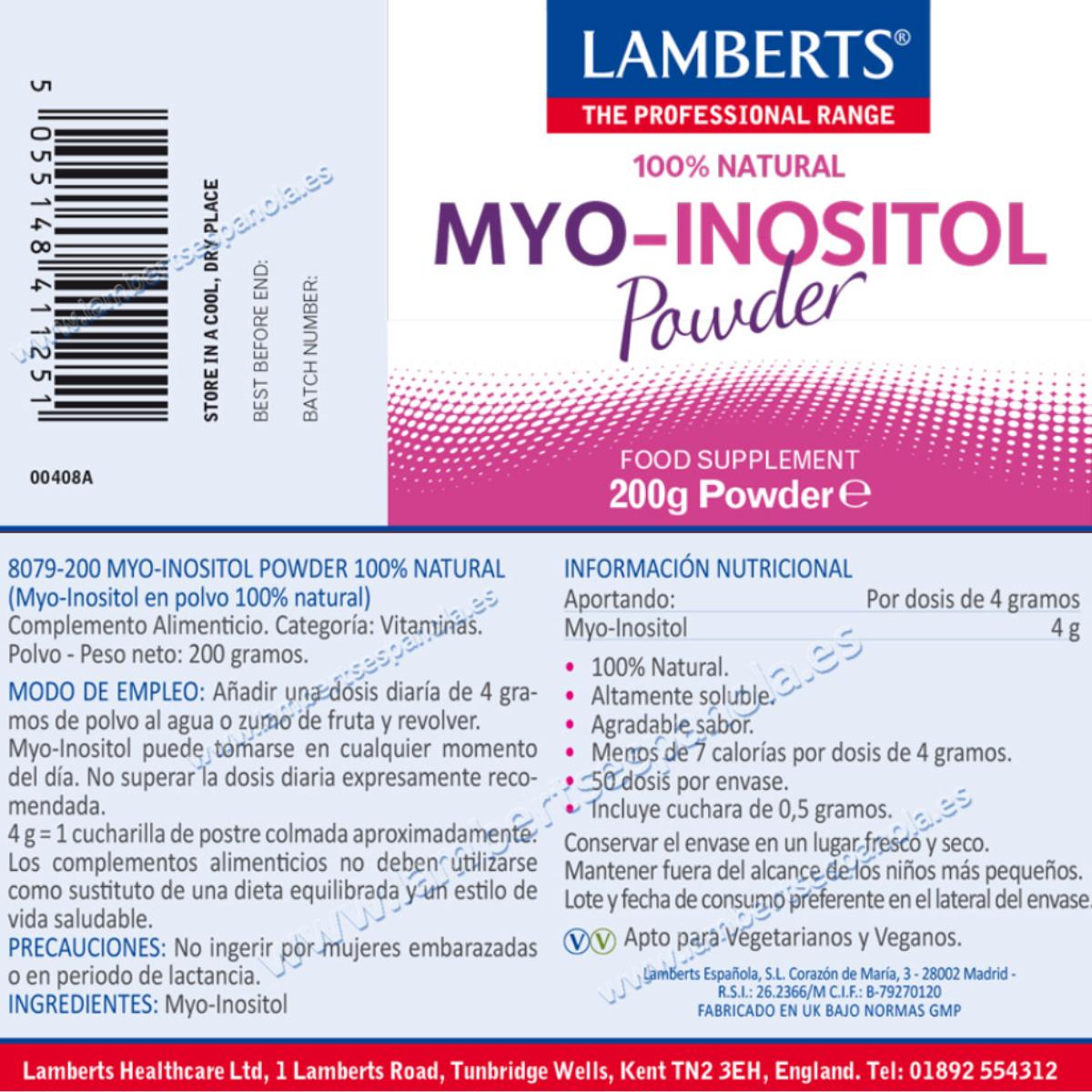 Embalagem de 2 MYO Inositol em pó Lamberts 200 g