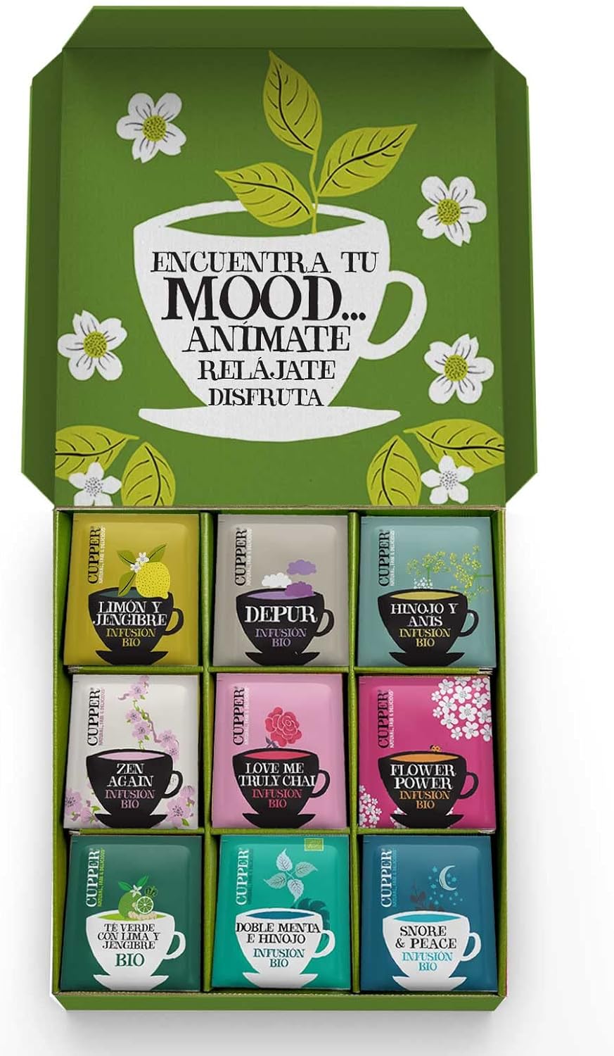 Pack de 45 infusões e saquetas de chá orgânico Cupper, 9 sabores