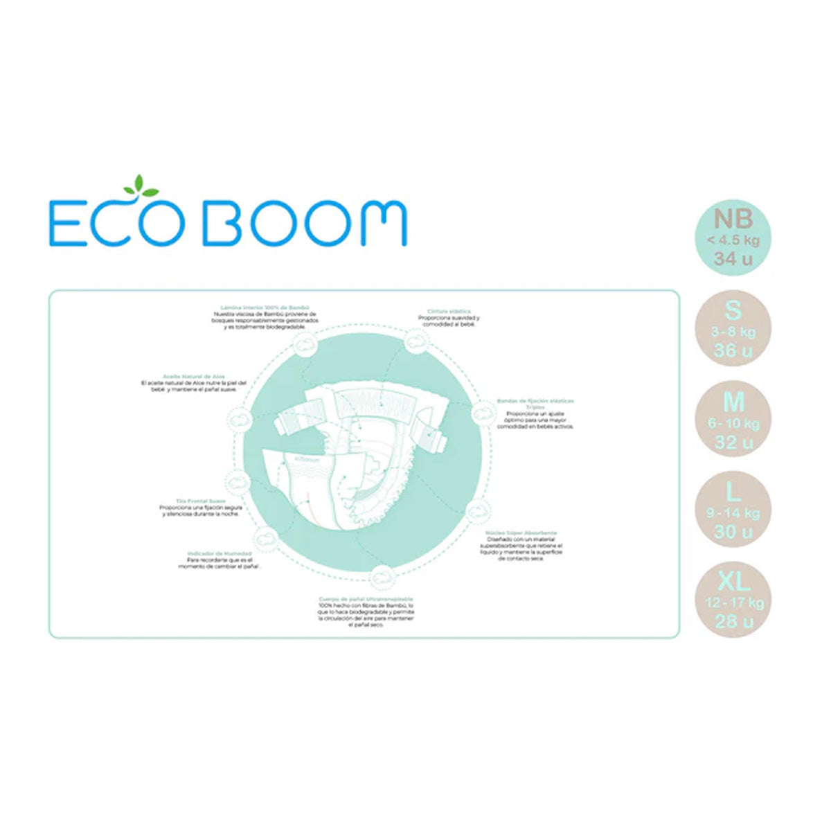 Fralda de Bambu Pure Premium ECO BOOM T0 (0 a 3 kg) 34 unidades