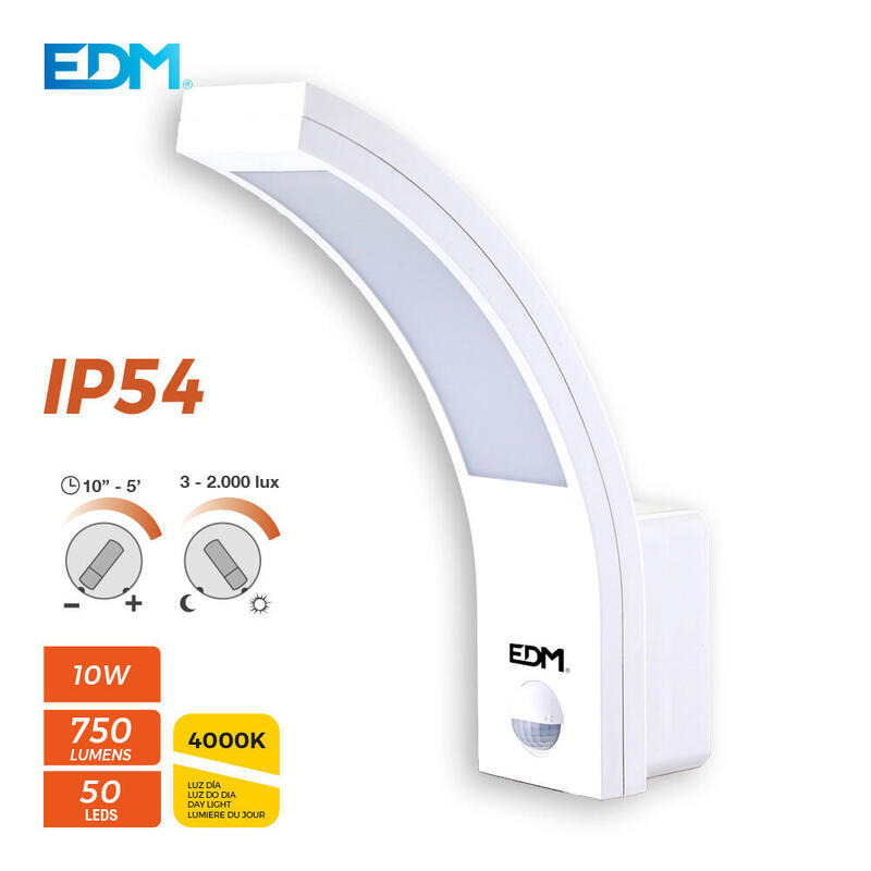 Aplique Exterior Led 10w 750lm 4000k Ip54 6,6x18,8x25cm Con Sensor De Movimiento Edm_0
