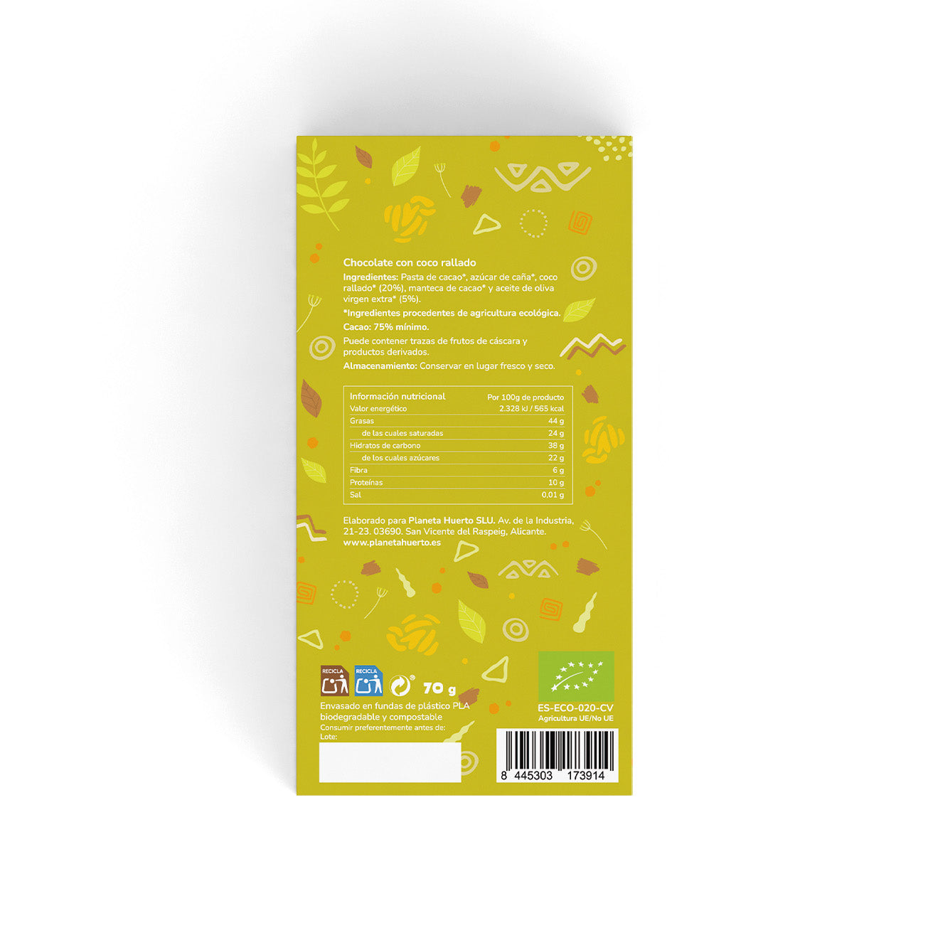 Barra de chocolate 75% com coco ralado ECO Planeta Huerto 70 g