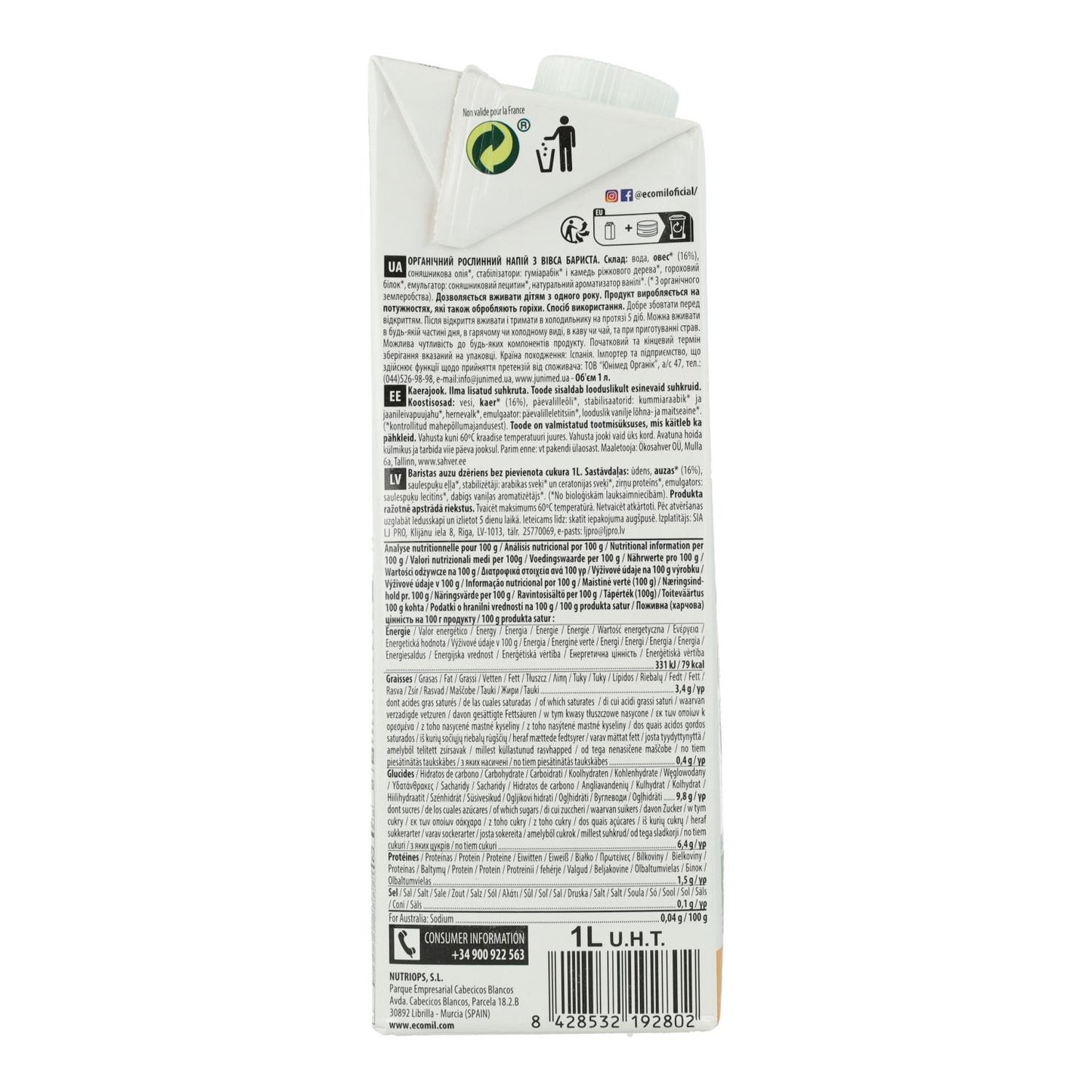 Bebida Vegetal Barista Aveia BIO EcoMil 1 L