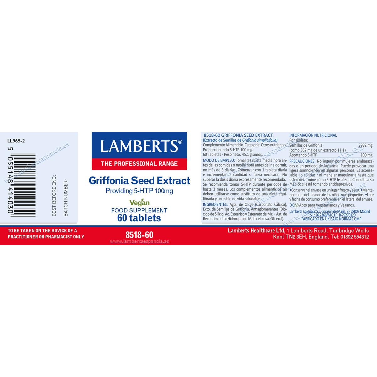 Extrato de sementes de Griffonia Lamberts 60 comprimidos 100mg