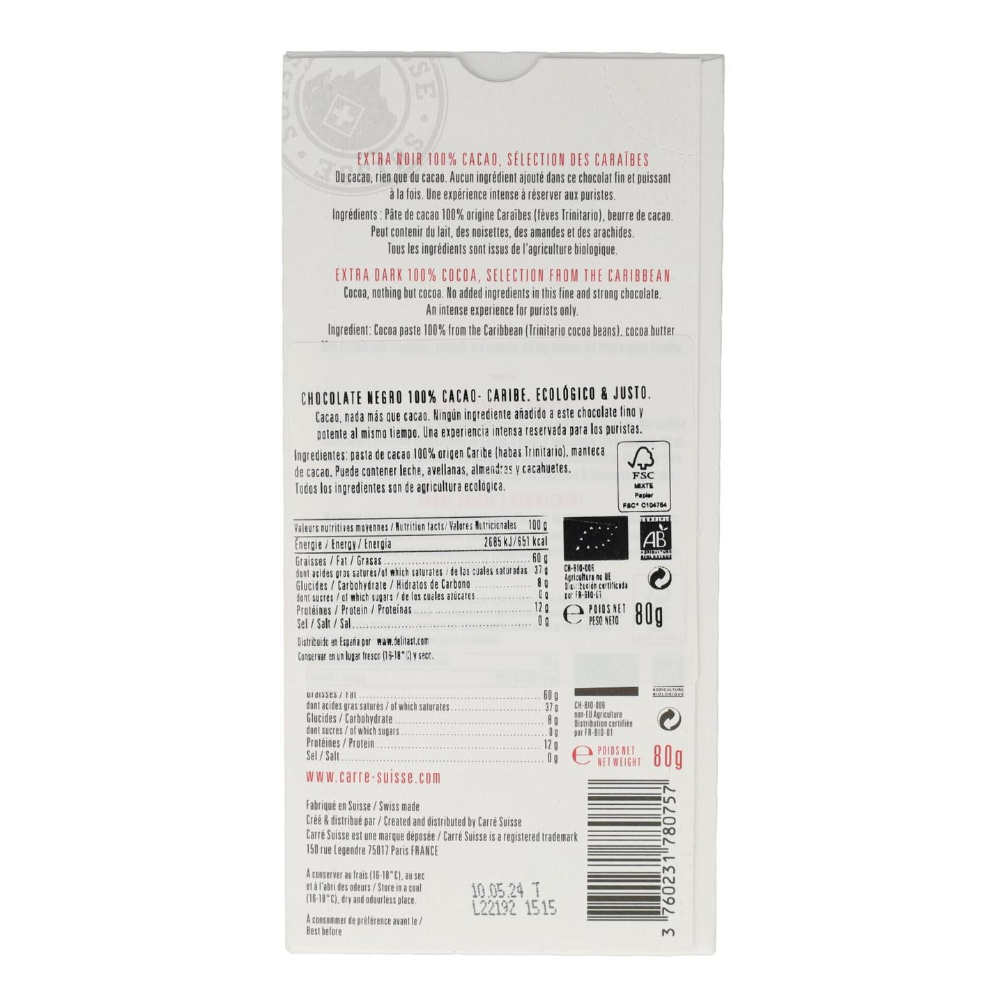 Tablete de Chocolate Negro 100% Caribenho da Carré Suisse Chocolates 80 g