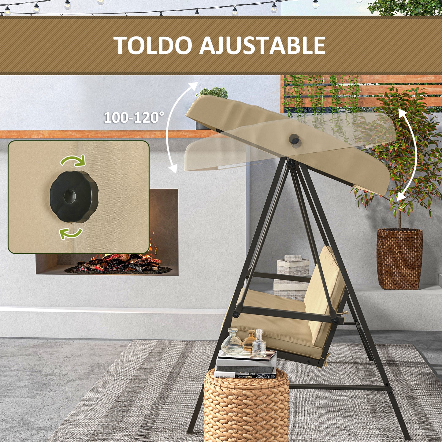 Outsunny Columpio De Jardín De 3 Plazas Con Toldo Ajustable 200x125x175 Cm Beige_5