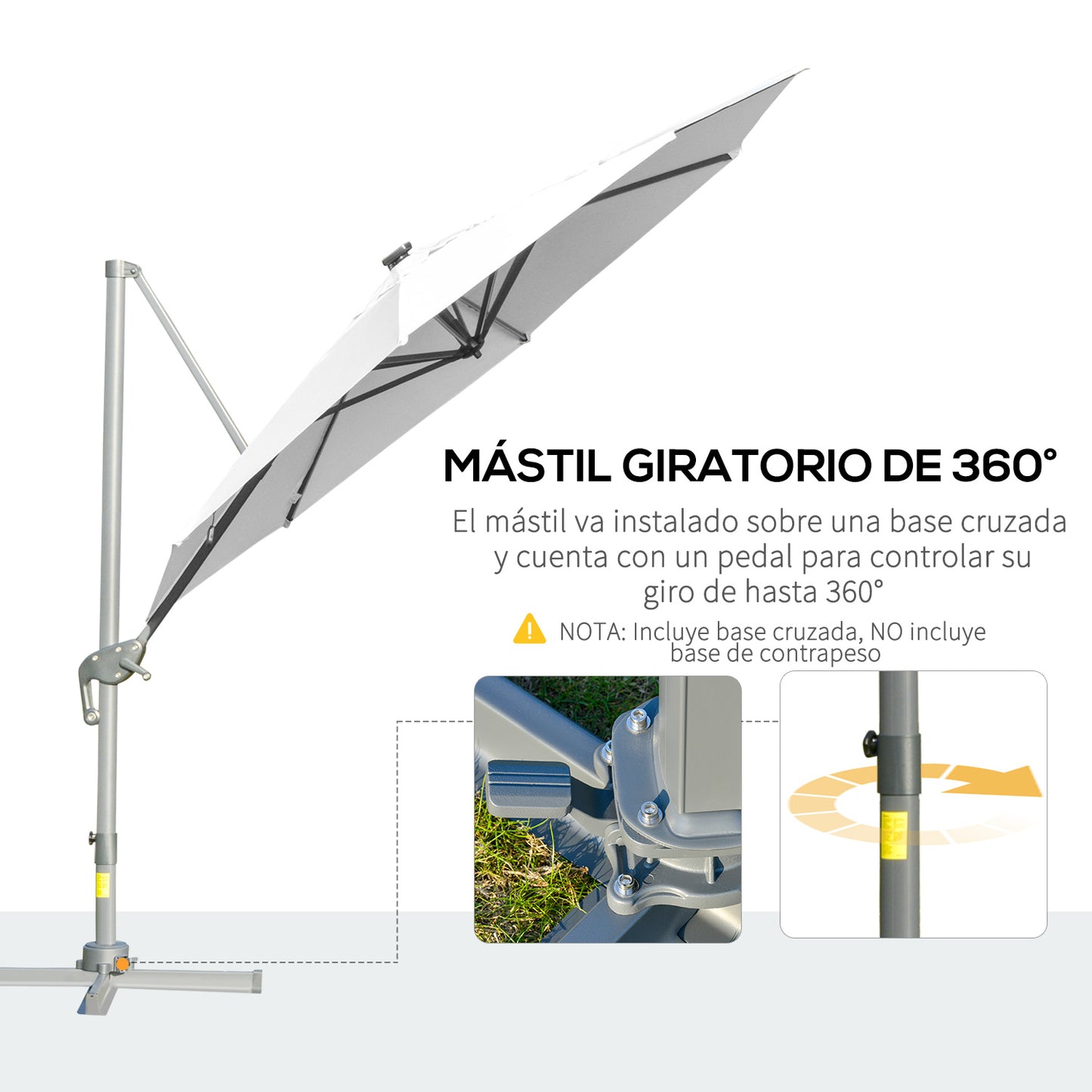 Outsunny Sombrilla De 300 Cm Luces Led Protección Uv 50+ Giratorio Con Manivela_5