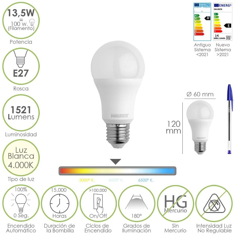 Bombilla Led Estandar Rosca E27. 13,5 Watt. Equivale A 100 Watt. 1521 Lumenes. Luz Neutra (4000º K.)_0