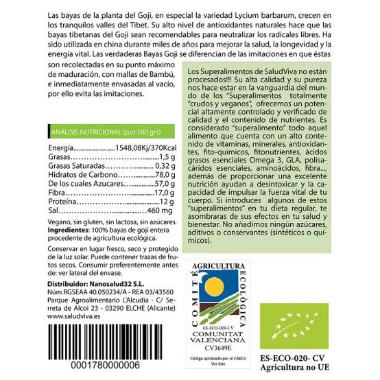 Bagas de goji biológicas inteiras 250 g, Salud Viva