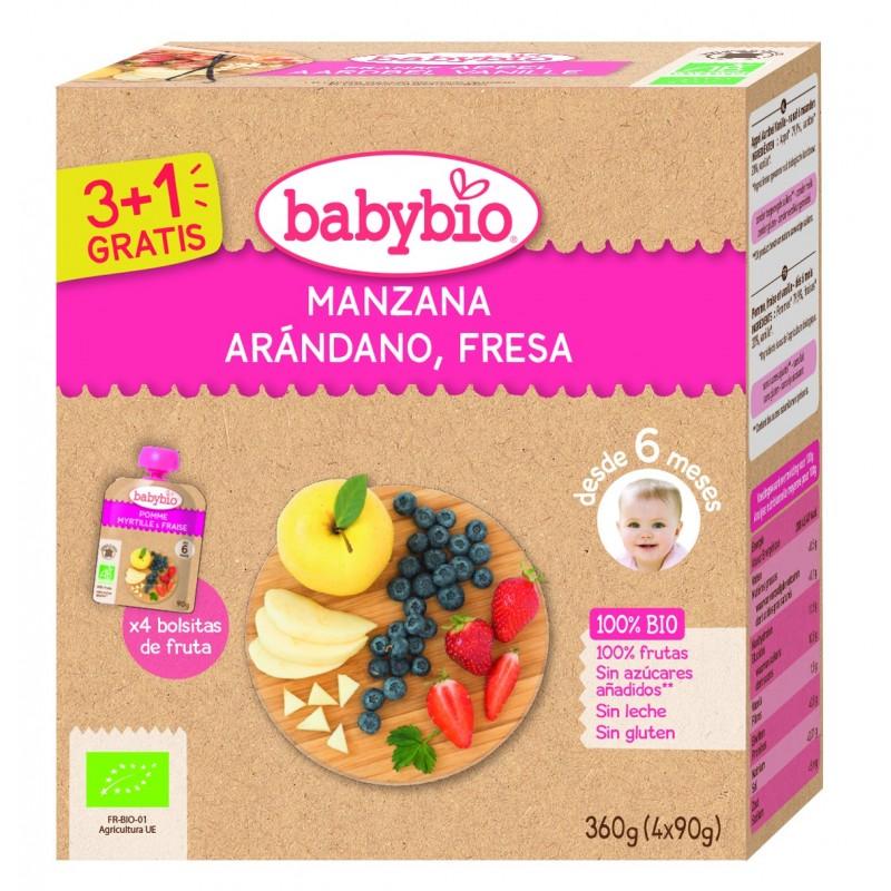 Saquetas de maçã, morango e mirtilo, 4 x 90 g. Babybio