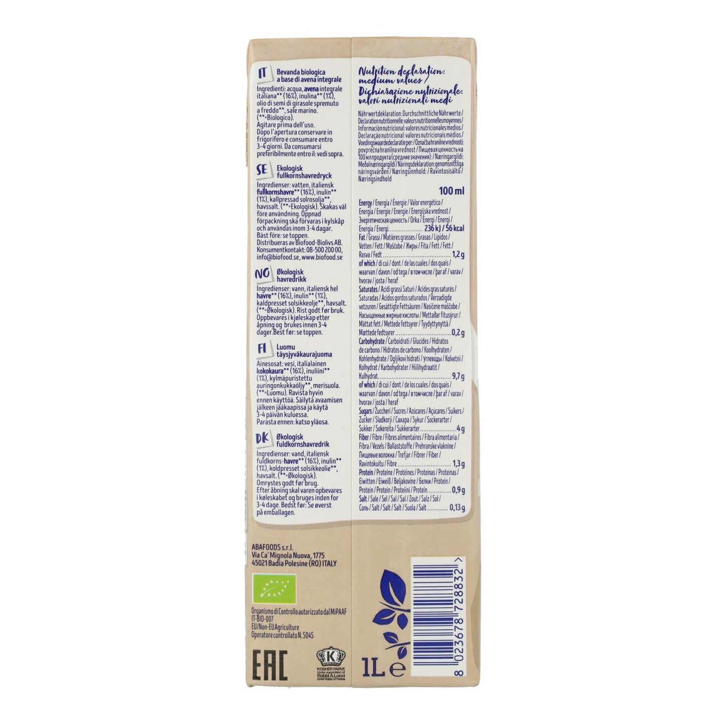 Pack de 6 Bebidas de Aveia Bio Isola Barista BIO, 1L