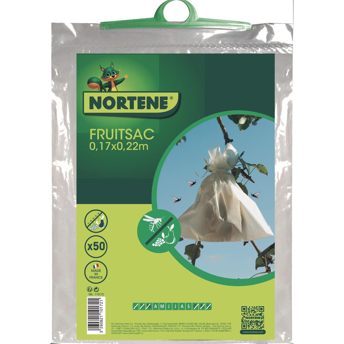Capas protetoras Fruitsac Nortene para fruta, 50 unidades, 17 x 22 cm.