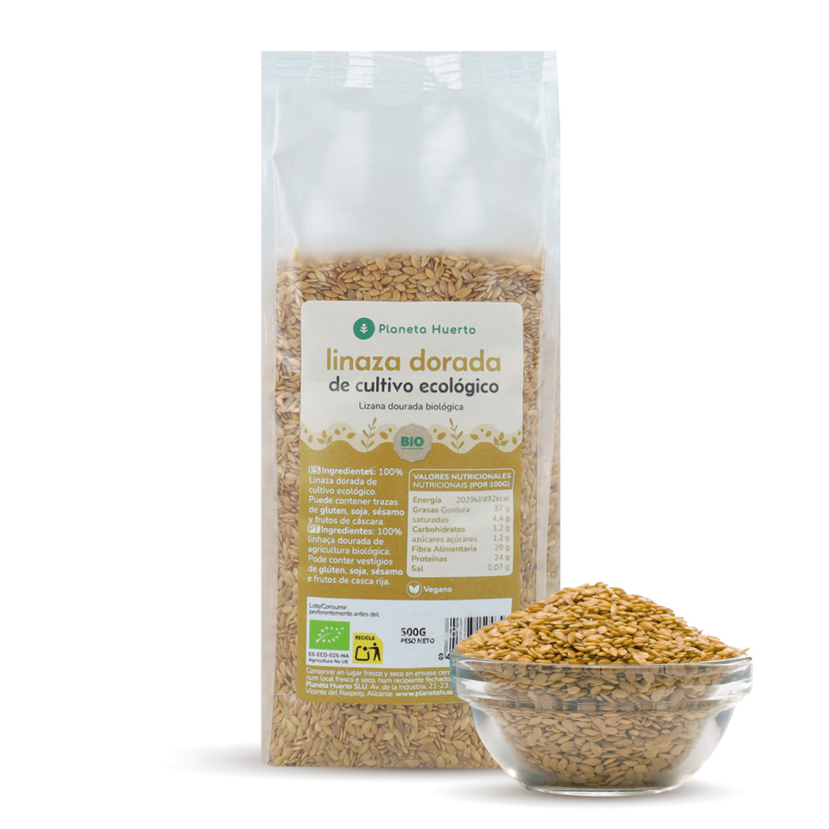 Embalagem de 2x Sementes de Linhaça Dourada Planeta Huerto ECO 500 g