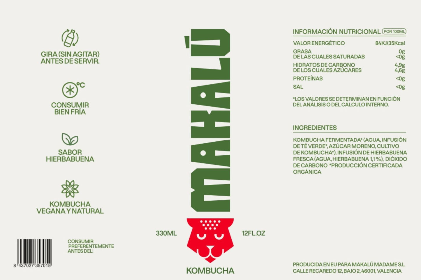 Kombucha vegana Makalú Pack 12 unidades Lata 330ml Sabor Hierbabuena_5