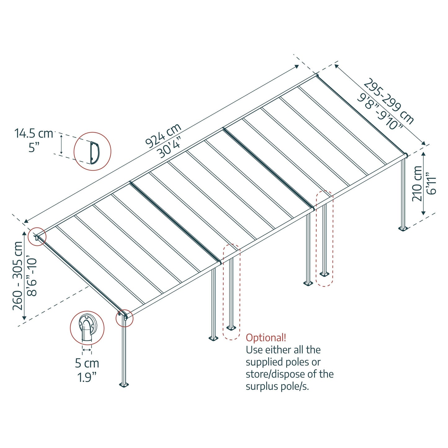 Pérgola anexa Sierra 299x924 cm cinzento