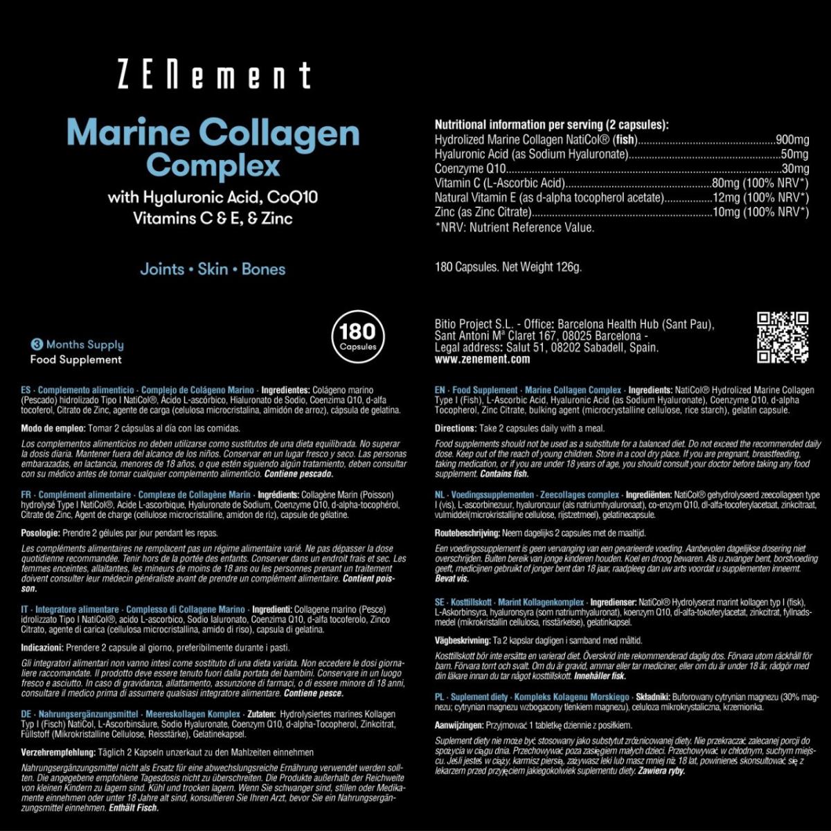 Complexo de colagénio marinho com ácido hialurónico, CoQ10, vitaminas C e E e zinco Zenement, 180 comprimidos