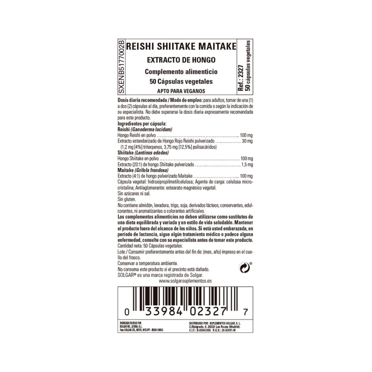 Reishi Shiitake Maitake Solgar 50 cápsulas vegetais