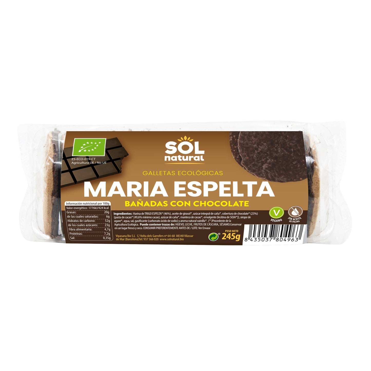 Bolachas Maria Espelta cobertas com Chocolate Bio Sol Natural 245 g