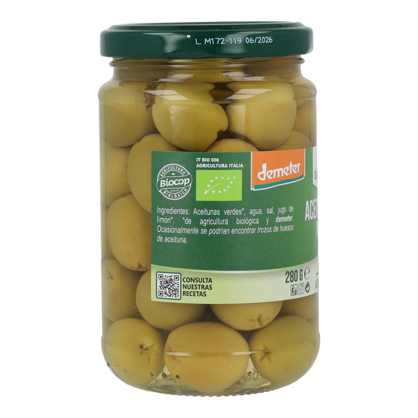 Azeitonas verdes sem caroço Bio Organic Itália 280 gr