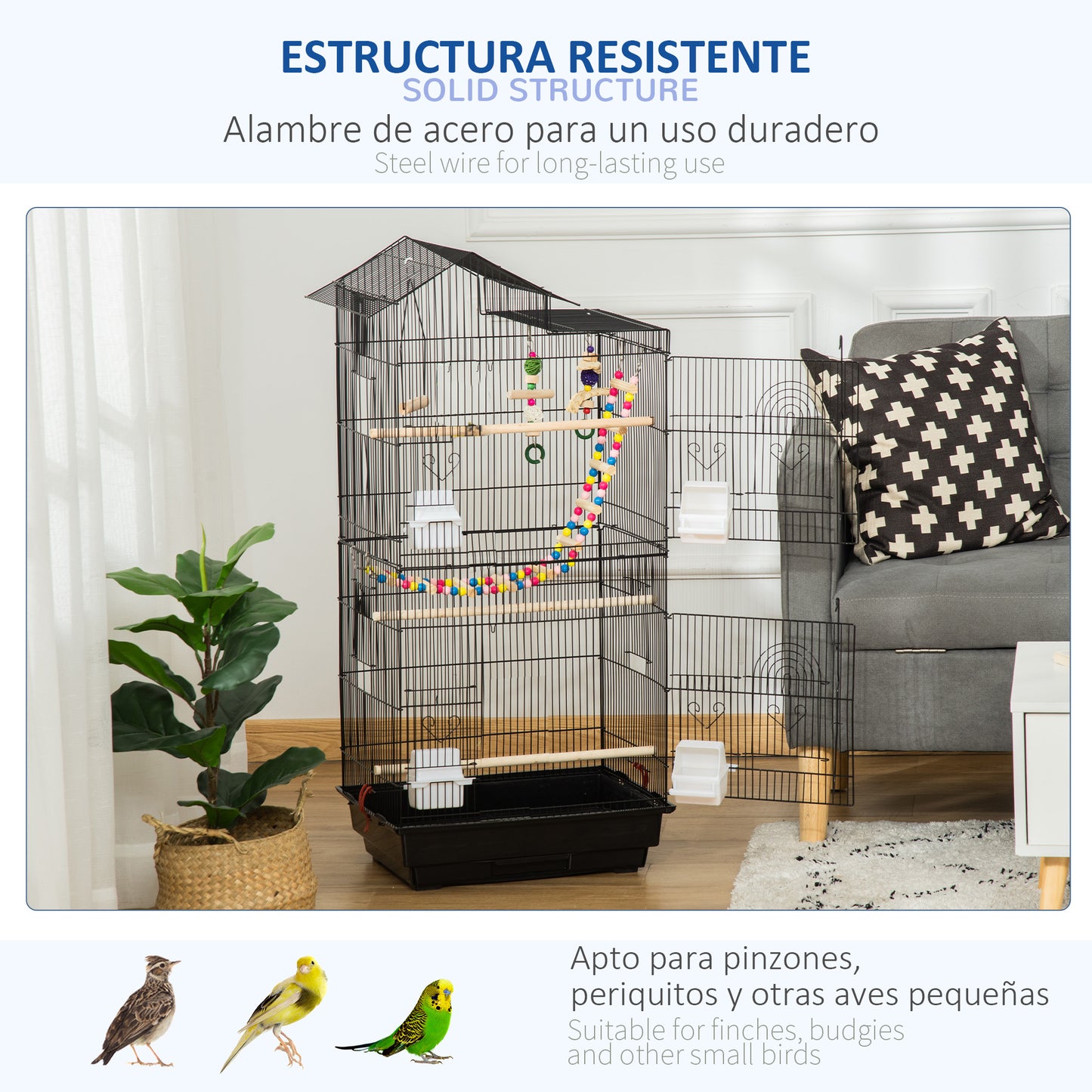 Pawhut Jaula Para Pájaros Con Múltiples Puertas 4 Comederos Columpio 46x36x100cm_5