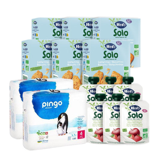 Pack de 6 saquetas BIO de iogurte, maçã e morango + 6 bolachas Hero Animal + fraldas T4 (7-18kg) Pingo 80 unidades