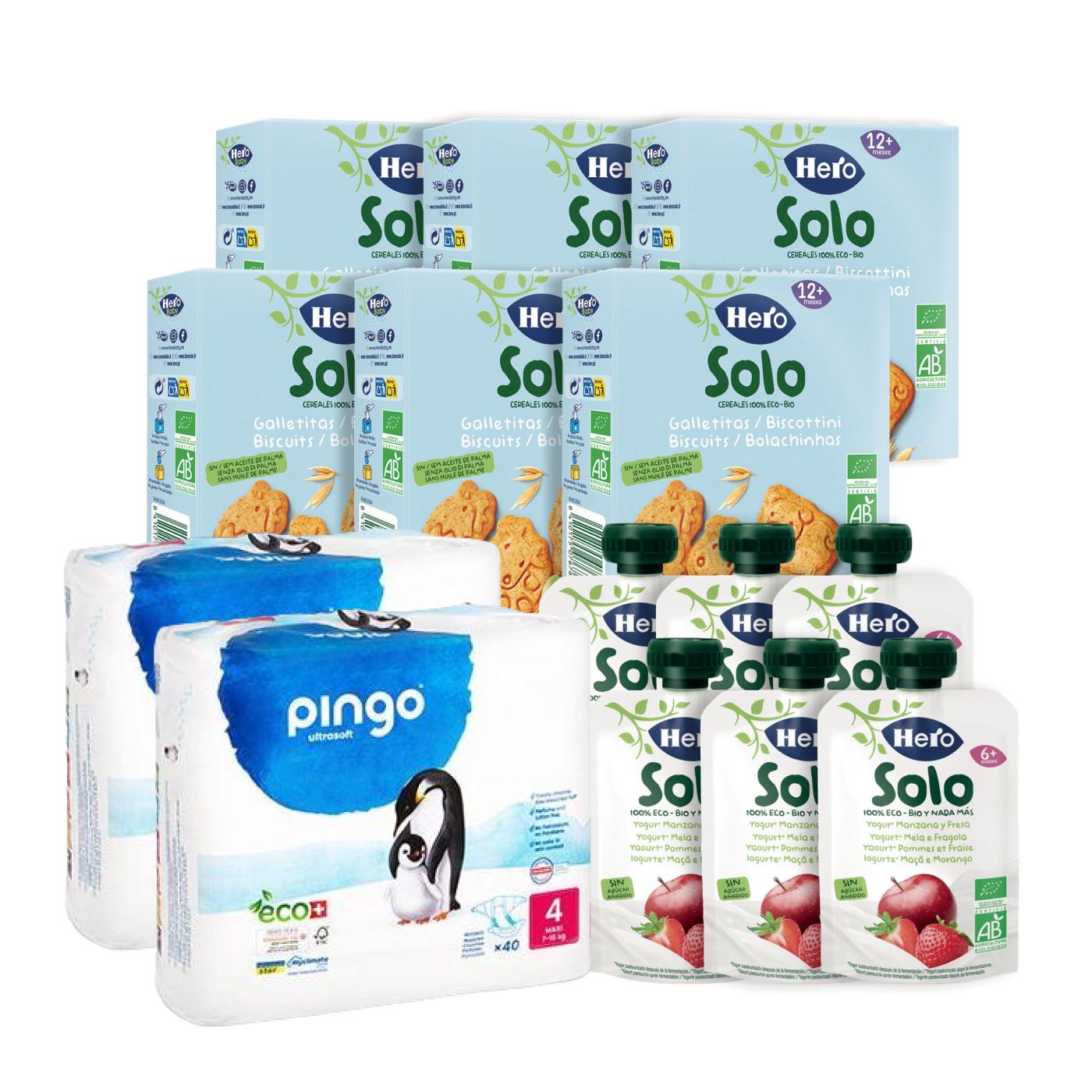Pack de 6 saquetas BIO de iogurte, maçã e morango + 6 bolachas Hero Animal + fraldas T4 (7-18kg) Pingo 80 unidades