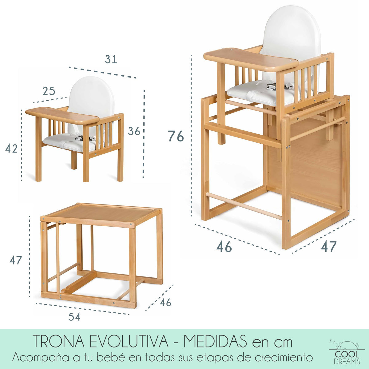 Trona Evolutiva Bebe Portatil De Madera De Haya Evoluonge. Convertible En Mesa Y Silla Infantil. Asiento Acolchado_5