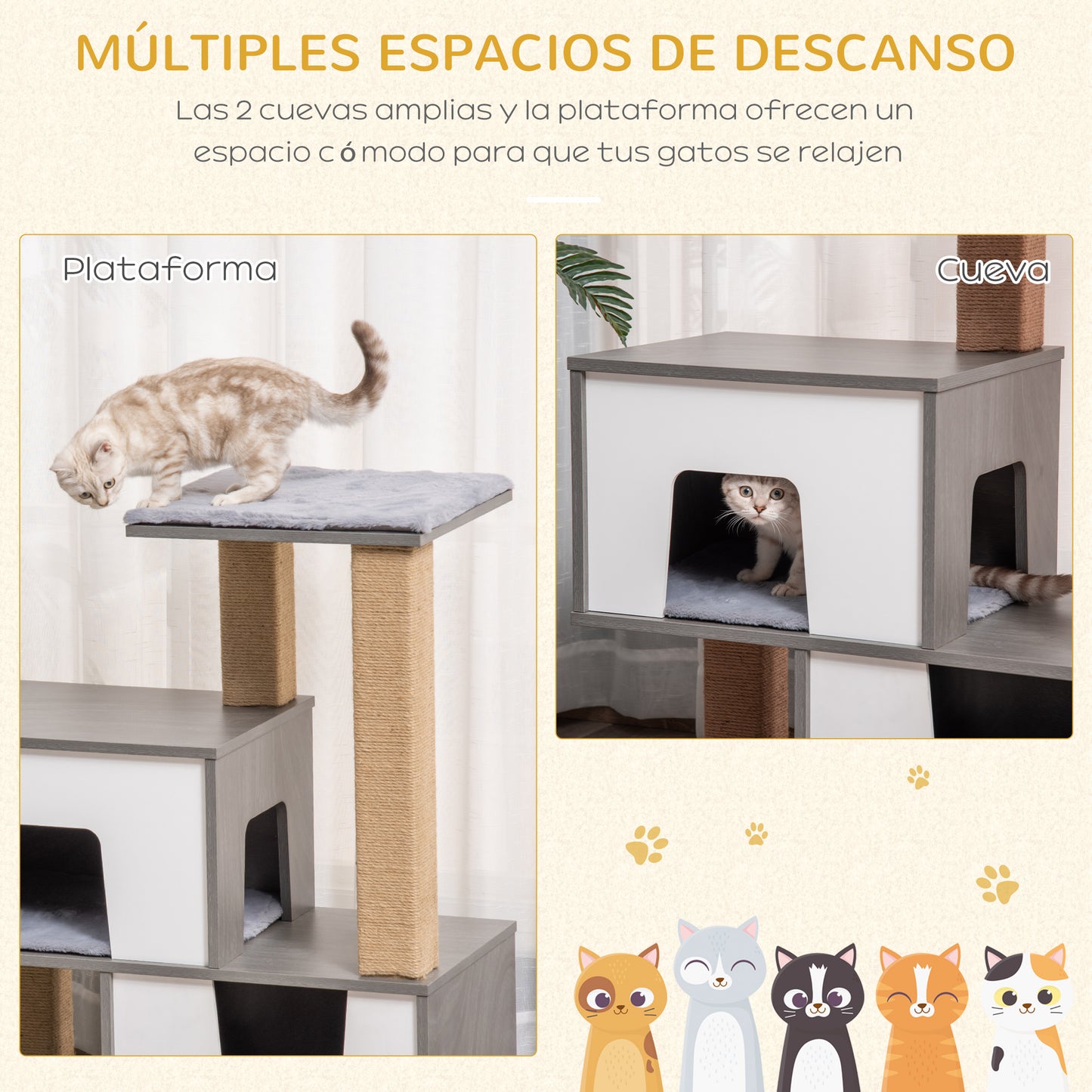 Pawhut Árbol Para Gatos De Madera Con Cuevas Cojines Plataformas Postes Rascador_5