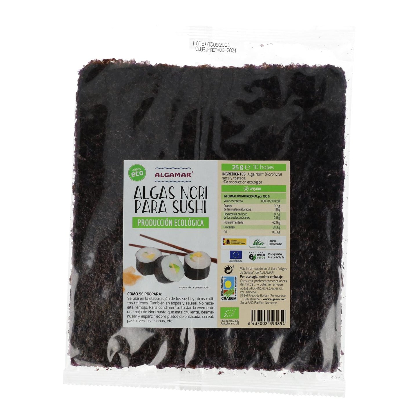 ALGAMAR Organic Nori Sushi Algas Marinhas 10 folhas 25g
