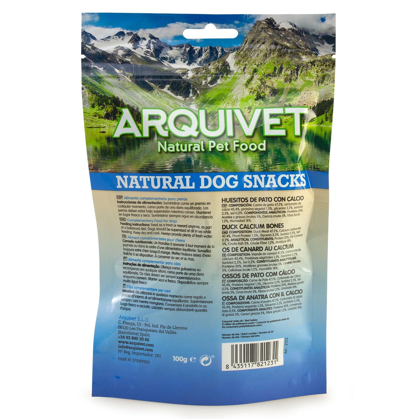 Petisco natural para cães: Ossos de pato com cálcio Arquivet 100g