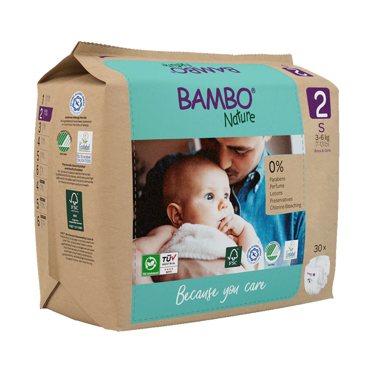 Embalagem de 6 fraldas Bambo Nature T2 (3-6 kg) 30 unidades