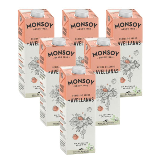 Pack de 6 bebidas orgânicas de arroz e avelã Monsoy 1L