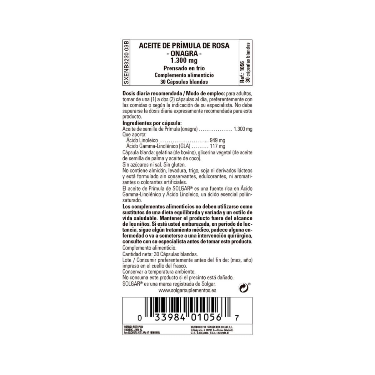 Óleo de Onagra Rosa Solgar 30 pérolas de 1300mg