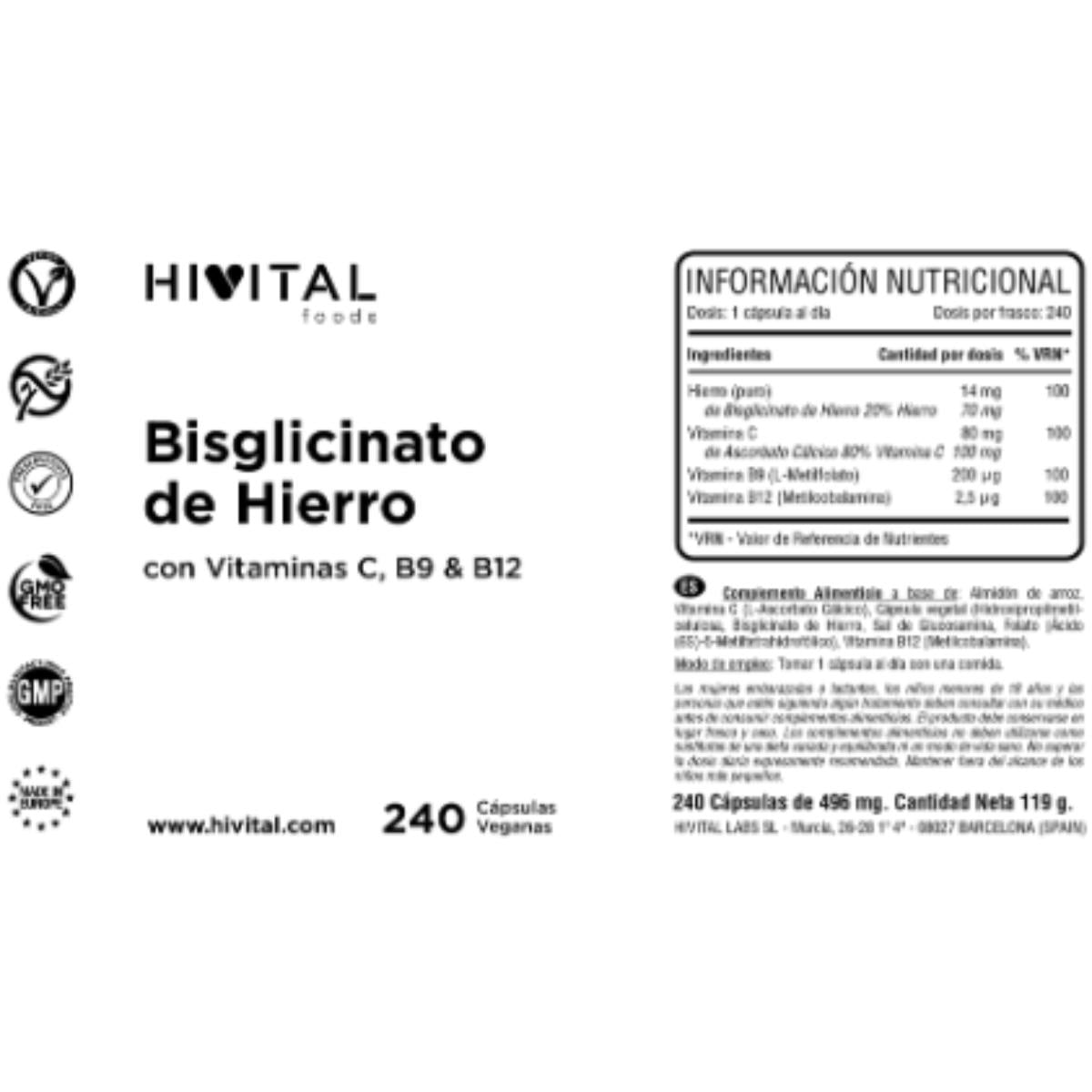 Ferro com vitaminas C, B12 e ácido fólico (B9) 240 cápsulas Hivital