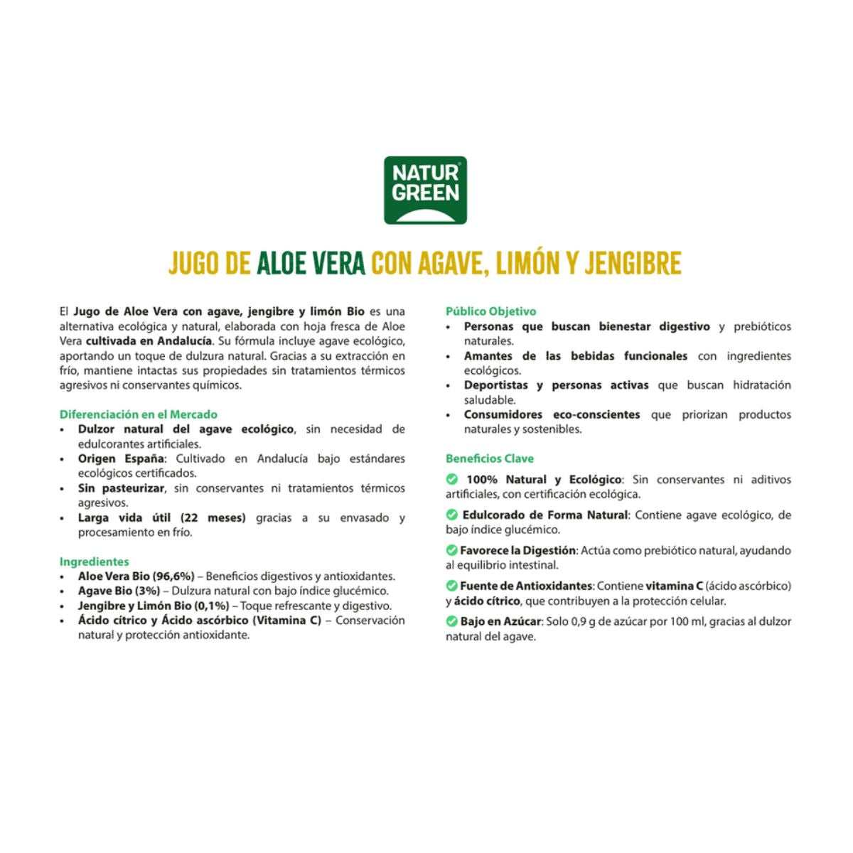 Sumo de Aloé Vera com Agave, Limão e Gengibre NaturGreen 1 L