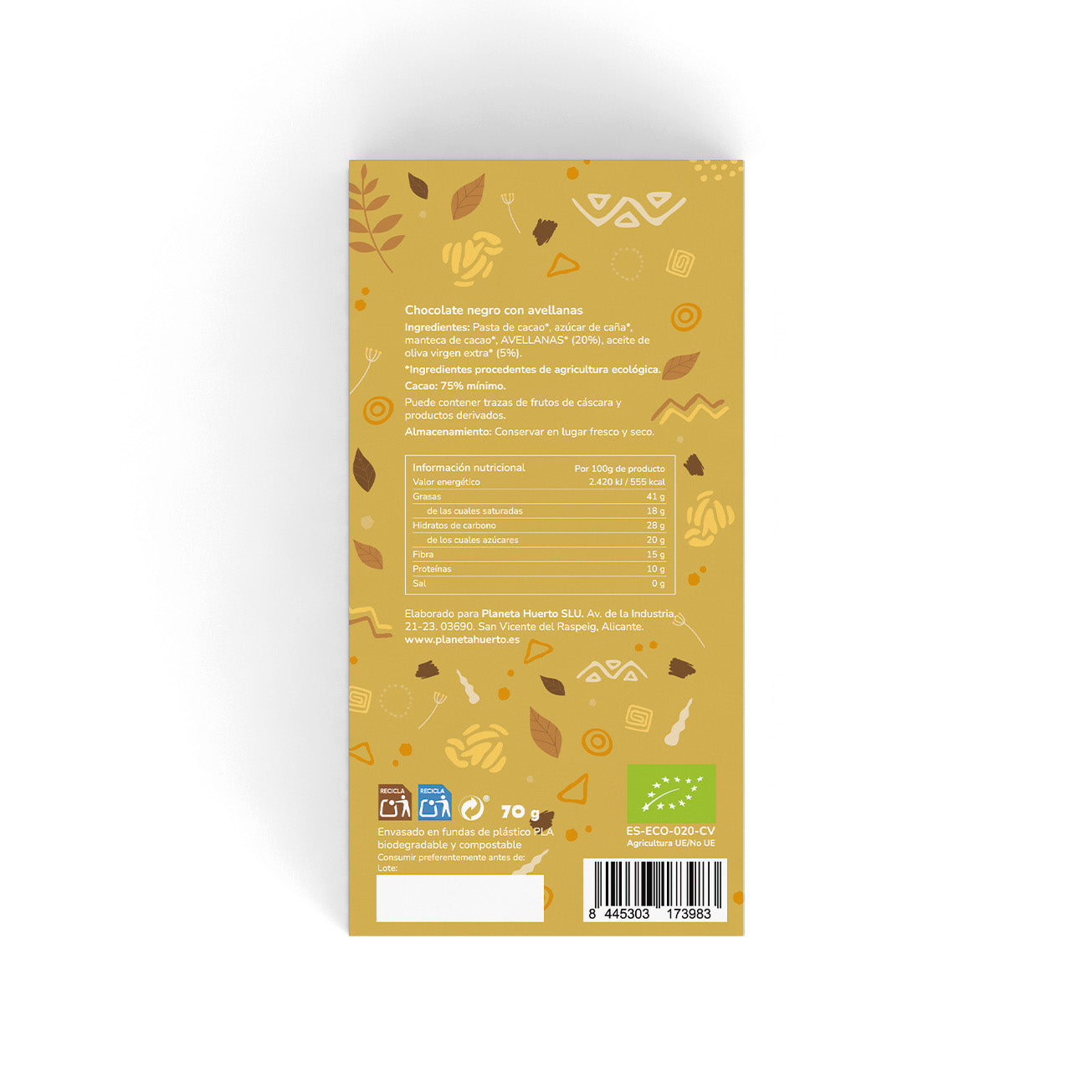 Barra de chocolate negro 75% com avelãs ECO Planeta Huerto 70 gr