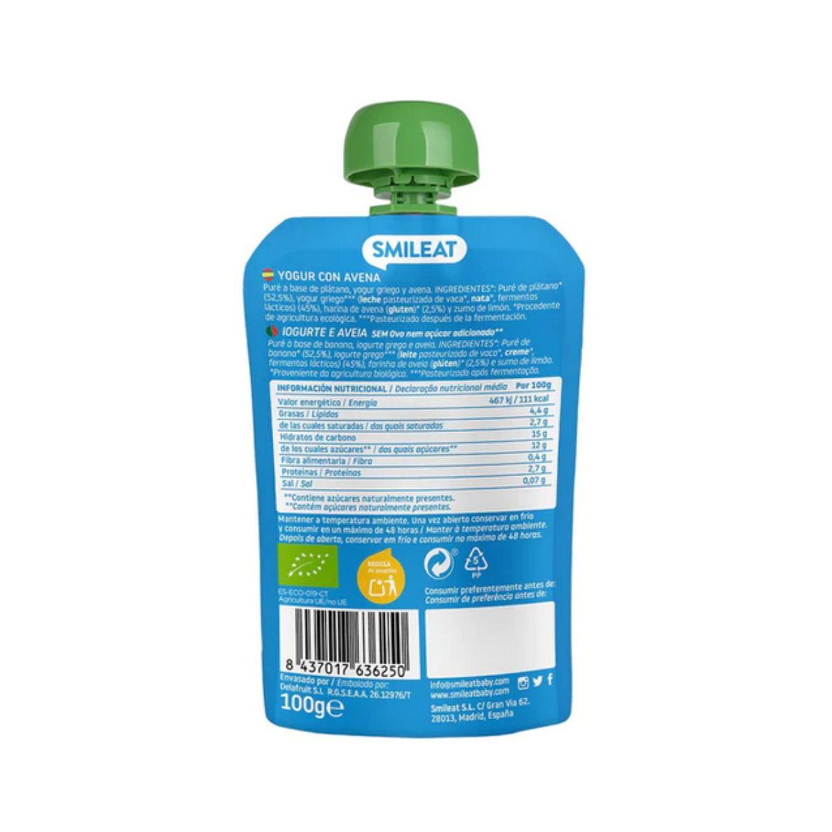 Embalagem com 10 saquetas de iogurte e aveia Smileat ECO 100g